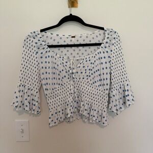 Free People White Blouse with Blue Polka Dots